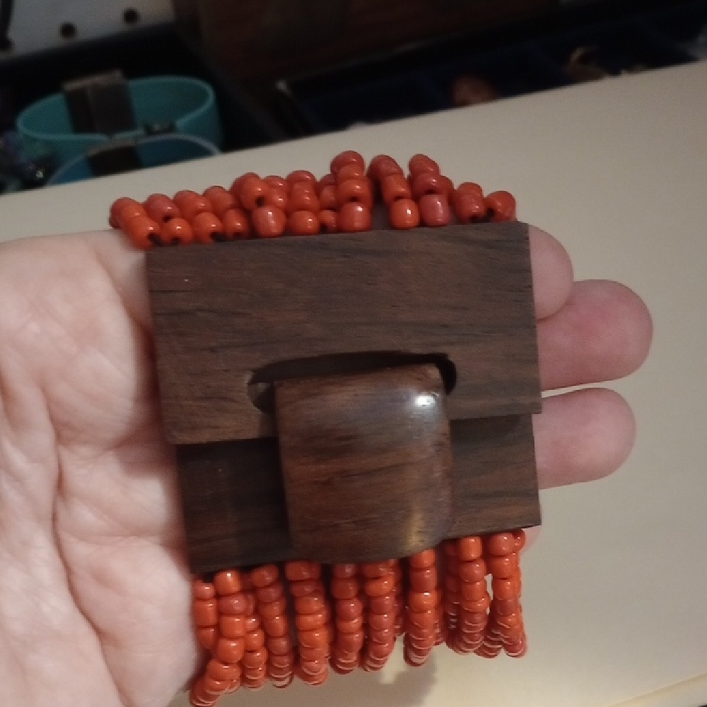 Wooden Beaded Bracelet with Coral Beads
